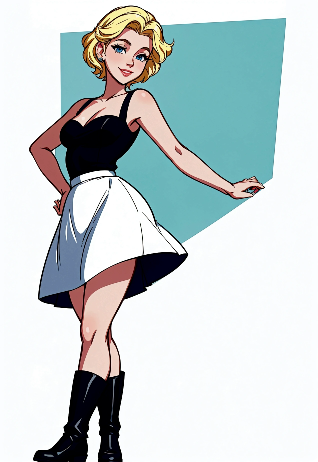 (disney style), (masterpiece, best quality:1.2), disney ariel, blonde short hair, blue eyes, white top, black short skirt, black boots, smile, standing, front. white background. whole body.