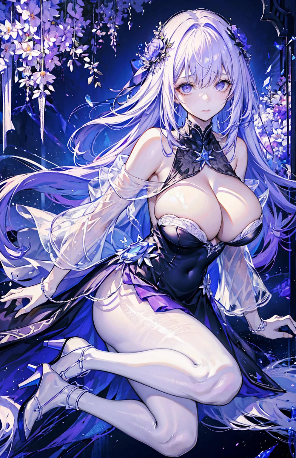 （（masterpiece：1.4，best quality）），（Super detailed），（Extremely detailed eyes），（Shiny socks：1.5），Hello Darkness
（Cute girls），，（Blood-red pupils，Diamond-shaped pupil：1.15），Purple Eyeshadow，（elongated hair，Thick hair，Single ponytail，shiny hair：1.5）（Changes through：1.2），despair，sad，Empty eyes，tears streaming down my face，tilting its head to the side，
（She wore a blue dress，：1.5），（Black gloves：1.4）Very long plush sleeves，White，White Cloud，Dream bubbles ，Ice and glitter effects
（Black long skirt：1.1），
（（Starry Sky：1.2）），
（Intense black and white：1.16），（Depth of Field：1.4），，Intricate details，(((Detailed background，Castle in the Sky，Purple flowers by the lake)))，(((Huge breasts，Bare breasts，Deep cleavage，White stiletto high heels，Transparent clothes)))