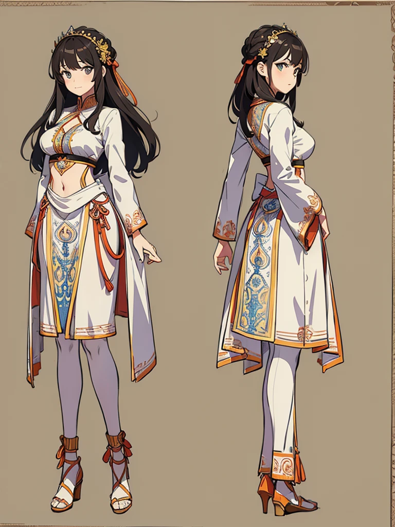 cute, standing lady, three view drawing, front and back and side,full body,simple background,dancer,long hair