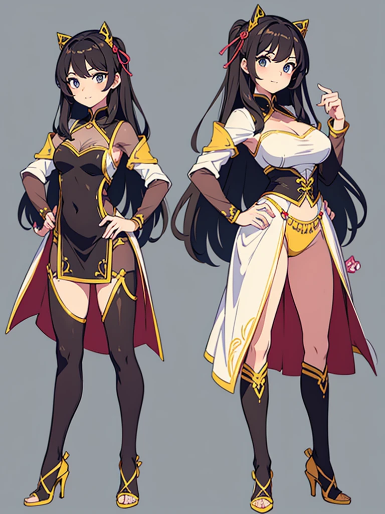 cute, standing lady, three view drawing, front and back and side,full body,simple background,dancer,long hair