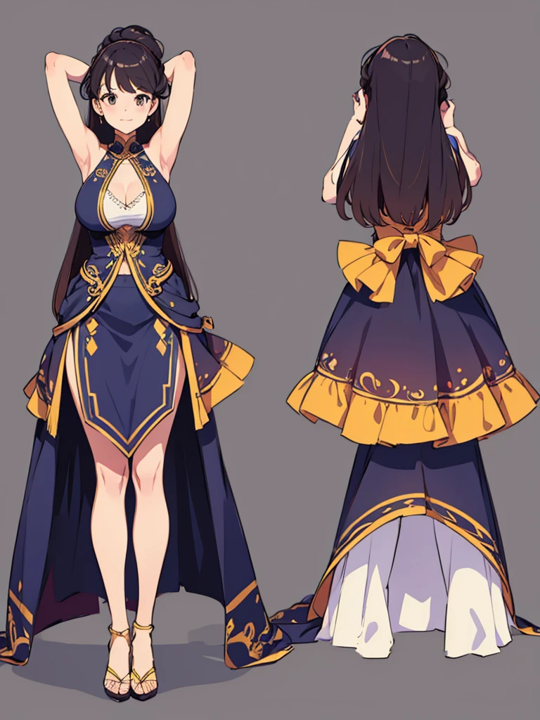 cute, standing lady, three view drawing, front and back and side,full body,simple background,dancer,long hair