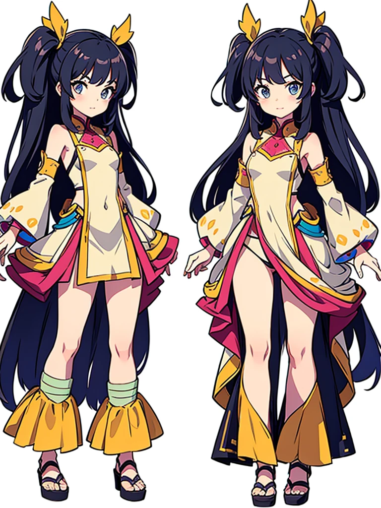 cute, standing lady, three view drawing, front and back and side,full body,simple background,dancer,long hair