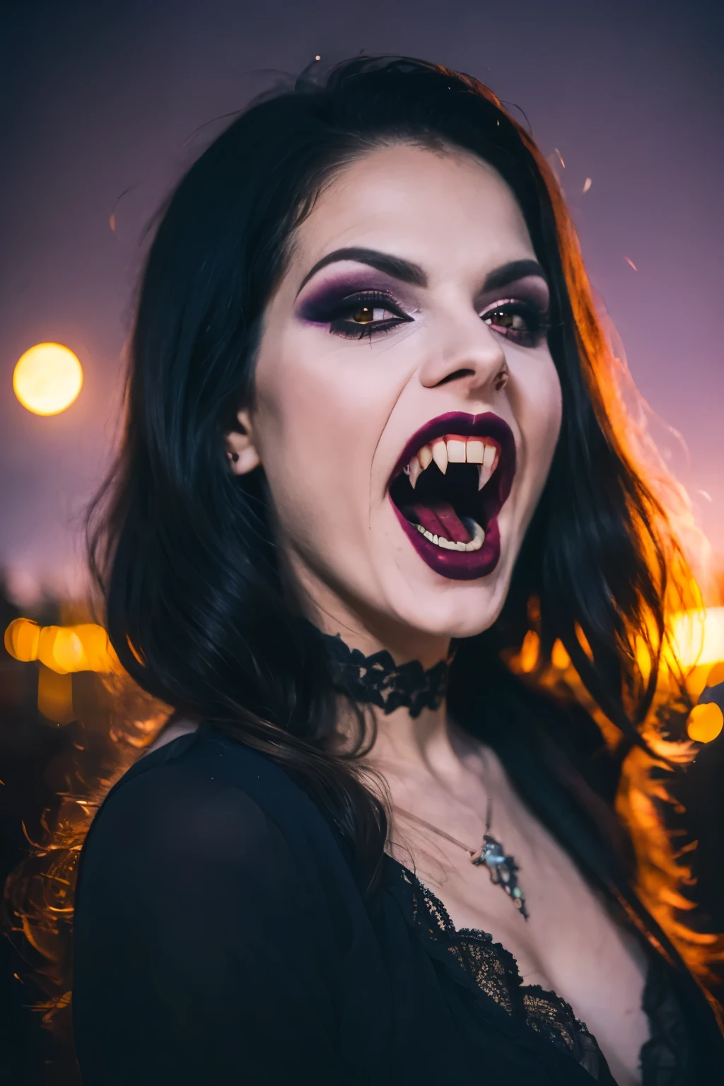 Generate a hyper-realistic image that employs the shallow depth of field technique, Head and sholders portrait to highlight a pretty goth (((vampire))) girl, ((open mouth with vampire canine teeth)) , perfect teeth, wearing a gothic dress, ((cut hair with fringe)), tattooed, ((heavy makeup)) , at ((night in a creepy cemitery)) setting, (((under the moonlight))). The girl should be the focal point, with crisp clarity, while the background of the forest should be gently blurred to create a bokeh effect. (((black roses In the foreground))) should be visible but blurred, adding depth to the composition.", adding depth to the composition. Sony Alpha A7R III, macros lens , f/5.6. ((Cinematic purple and pink Lighting)) .