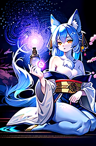 fox Light blue hair 　beast girl　indigo fur　fox beast girl　fox Light blue hair 　beast girl　indigo fur　fox beast girl　Wallpaper 4k,8k,highly detailled,,vivid colors,detailed kitsune with 9 tails,traditional Japanese artwork,tatami floor,beautiful cherry blossoms,floating lanterns,dark silhouette of a pagoda,subtle moonlight,dense forest,ethereal atmosphere,dappled sunlight,whimsical spirit,serene expression,elaborate kimono and obi,delicate hand-painted details,luminous eyes　Anime Style　fox　blue　White-faced golden-haired nine-tailed fox　Coat blue　　　mysterious background　Blue Flame　girl　have a ball of light Anime Style　fox　blue　White-faced golden-haired nine-tailed fox　Coat blue　　　mysterious background　Blue Flame　girl　have a ball of light