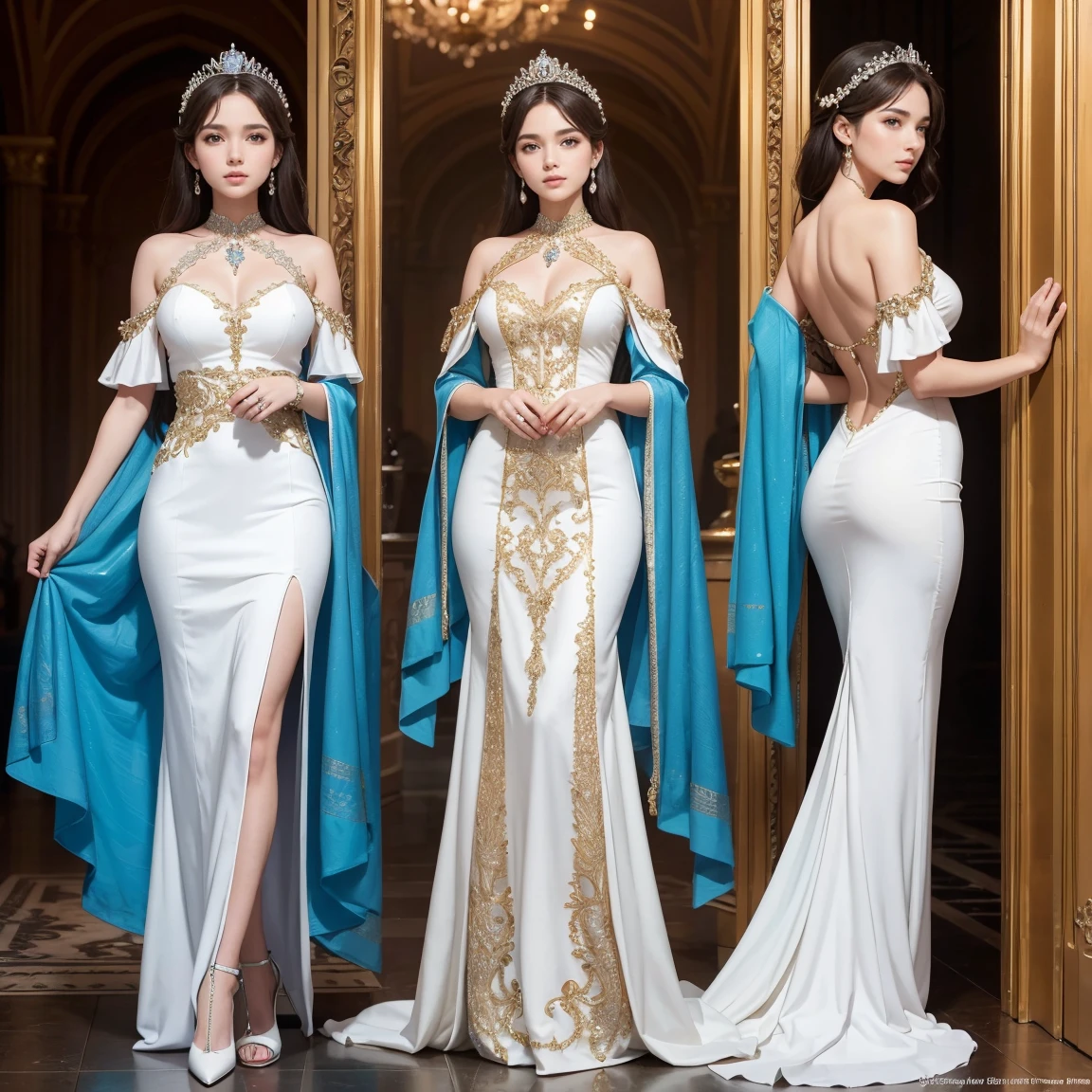 (masterpiece, highest quality:1.5), ultra detailed, high resolution, 16k, the most beautiful face in the world, highly detailed beautiful face and eyes, shiny skin, fine cloth texture, perfect anatomy, BREAK, (the incarnation of beauty:1.3), (goddess of beauty:1.3), (gorgeous and stunning princess:1.3), perfect make-up, deeply in love, full of elegance. (full body:1.5), (three view drawing, front and back and side, character sheet:1.3)