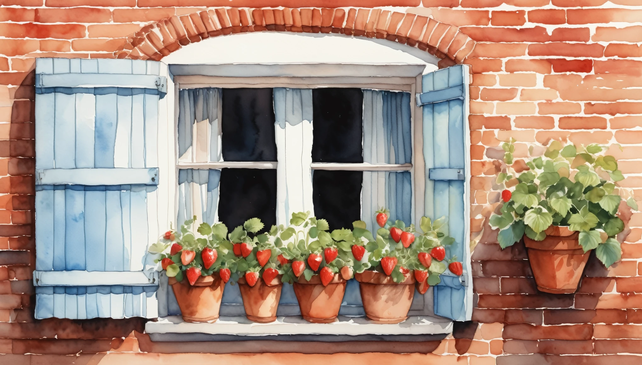 An watercolor illustration of a quaint window with light blue shutters, set in a rustic brick wall. The window has sheer white curtains softly billowing, partially obscured by an abundance of lush, vibrant red strawberries growing in terracotta pots. The scene is bathed in soft, natural light, enhancing the serene atmosphere.
