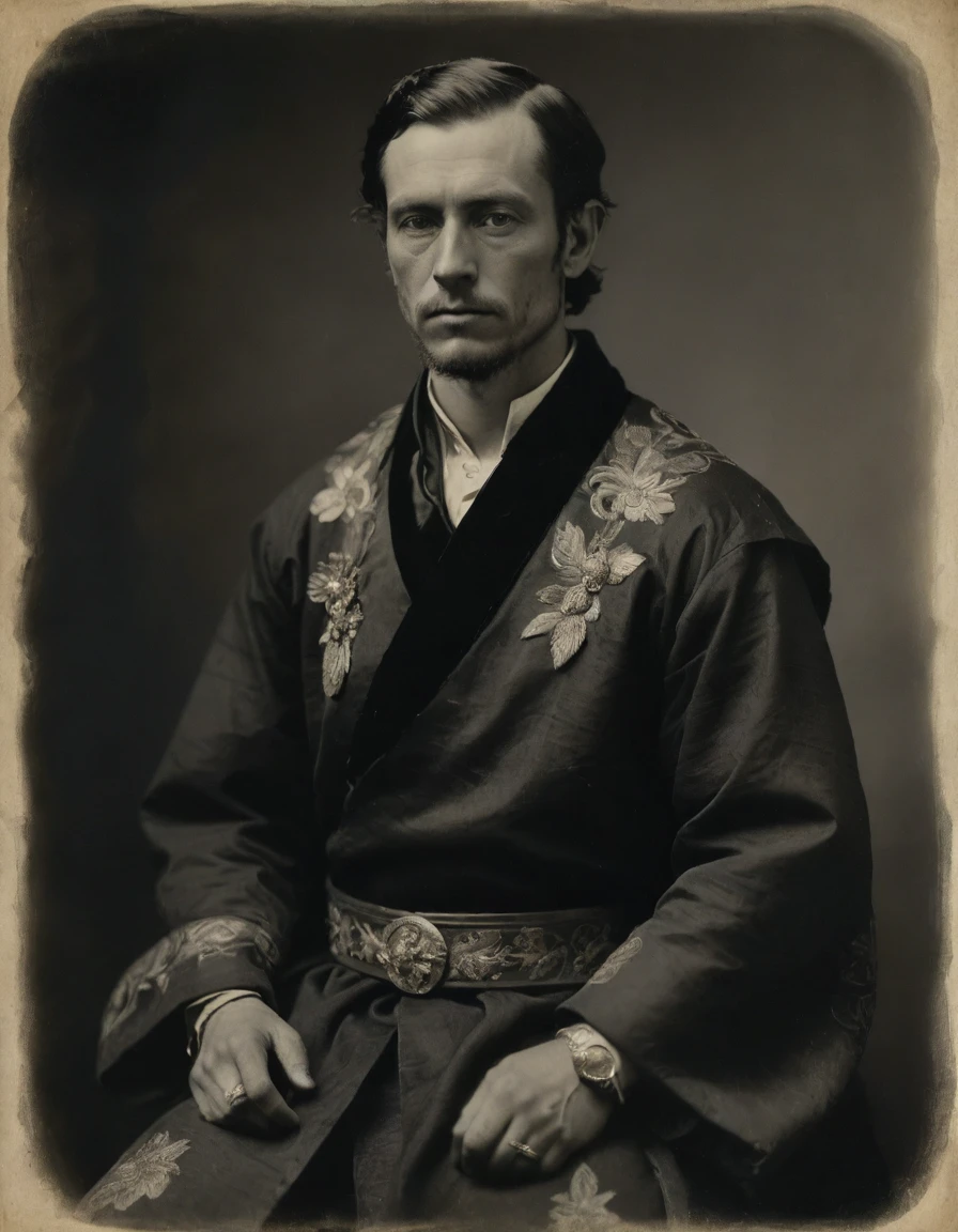 Masterpiece, best quality, (by Adolph Menzel), ((((Rough monochrome, daguerreotype on old paper, male focus)))), the composition is: (((a young male Roman nobleman, arrogant, pensive, facing viewer. Tattoos, His face is tattooed. He is wearing a black silken robe with samurai elements, sashes, medals, diamond shape symbology, moth symbology, jungle background))).
