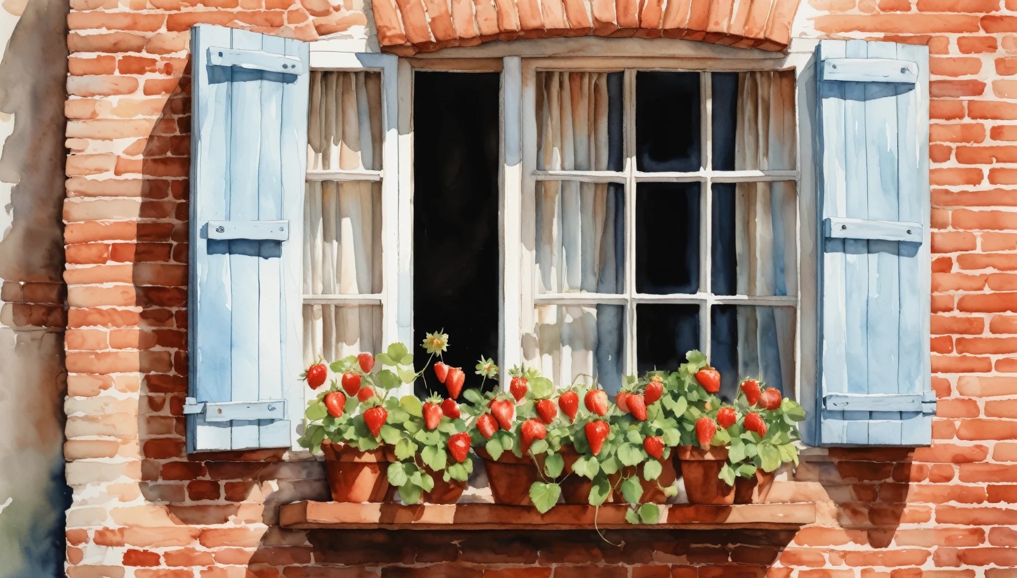 An watercolor illustration of a quaint window with light blue shutters, set in a rustic brick wall. The window has sheer white curtains softly billowing, partially obscured by an abundance of lush, vibrant red strawberries growing in terracotta pots. The scene is bathed in soft, natural light, enhancing the serene atmosphere.