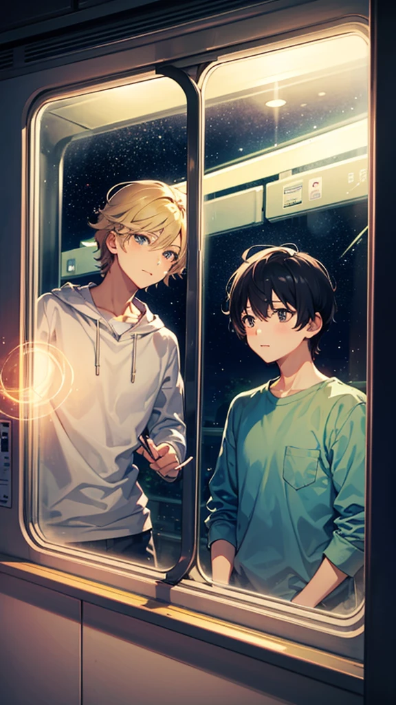 Night on the Galaxy Express、Two boys looking out the train window、15 years old、Starry Sky