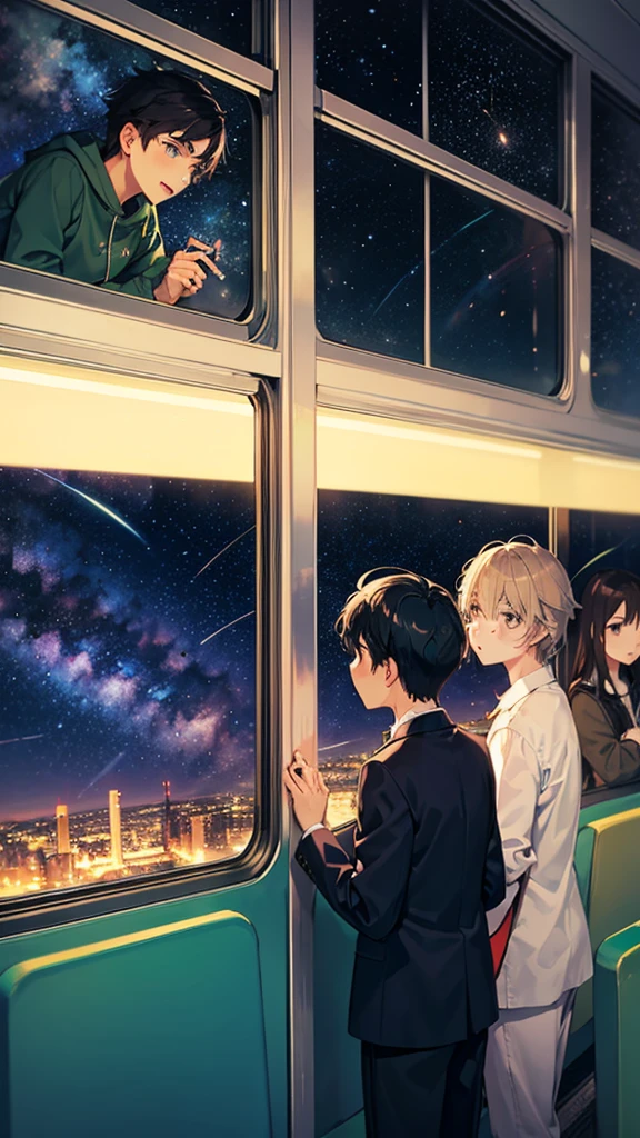 Night on the Galaxy Express、Two boys looking out the train window、15 years old、Starry Sky