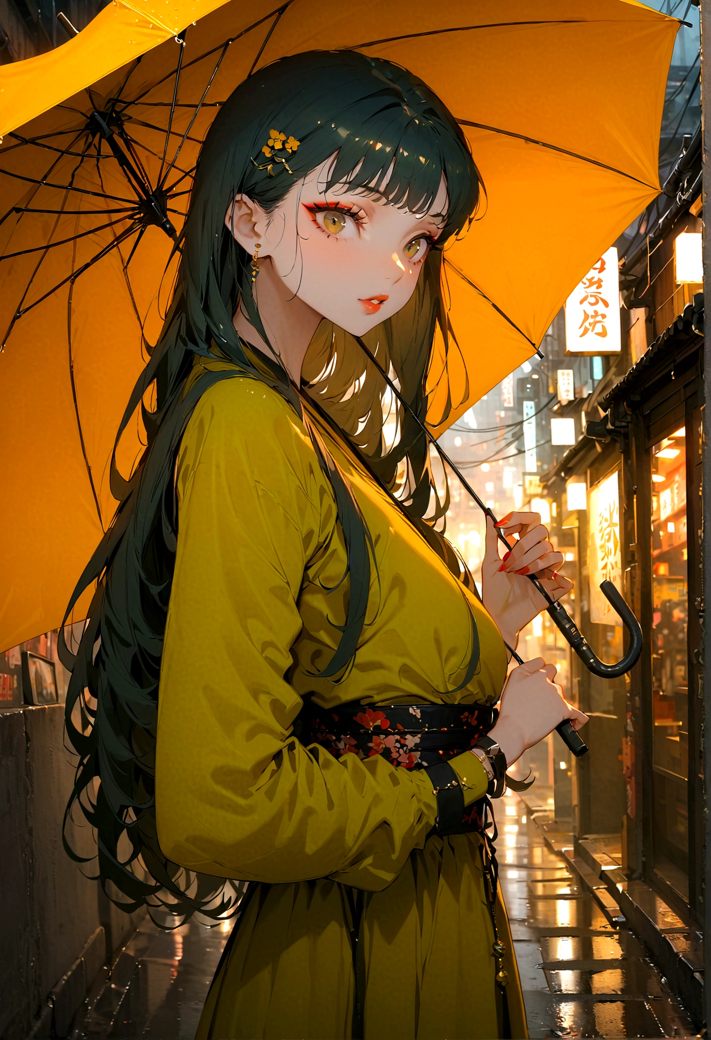 (best quality, masterpiece: 1.3), 1 Girl, Rainy Day, FOG, alley, Umbrella, Large and transparent umbrella, Looking at the audience, Blue Hair, Face Photo, Cyberpunk City, alone in the alley, neon in the alley, Very reflective city, Long hair, sized strands going over the alley, bar, Japan, Tokyo, Garter, Perfect hands, Beautifully, night,Proportional human body.close_up,Exquisite makeup