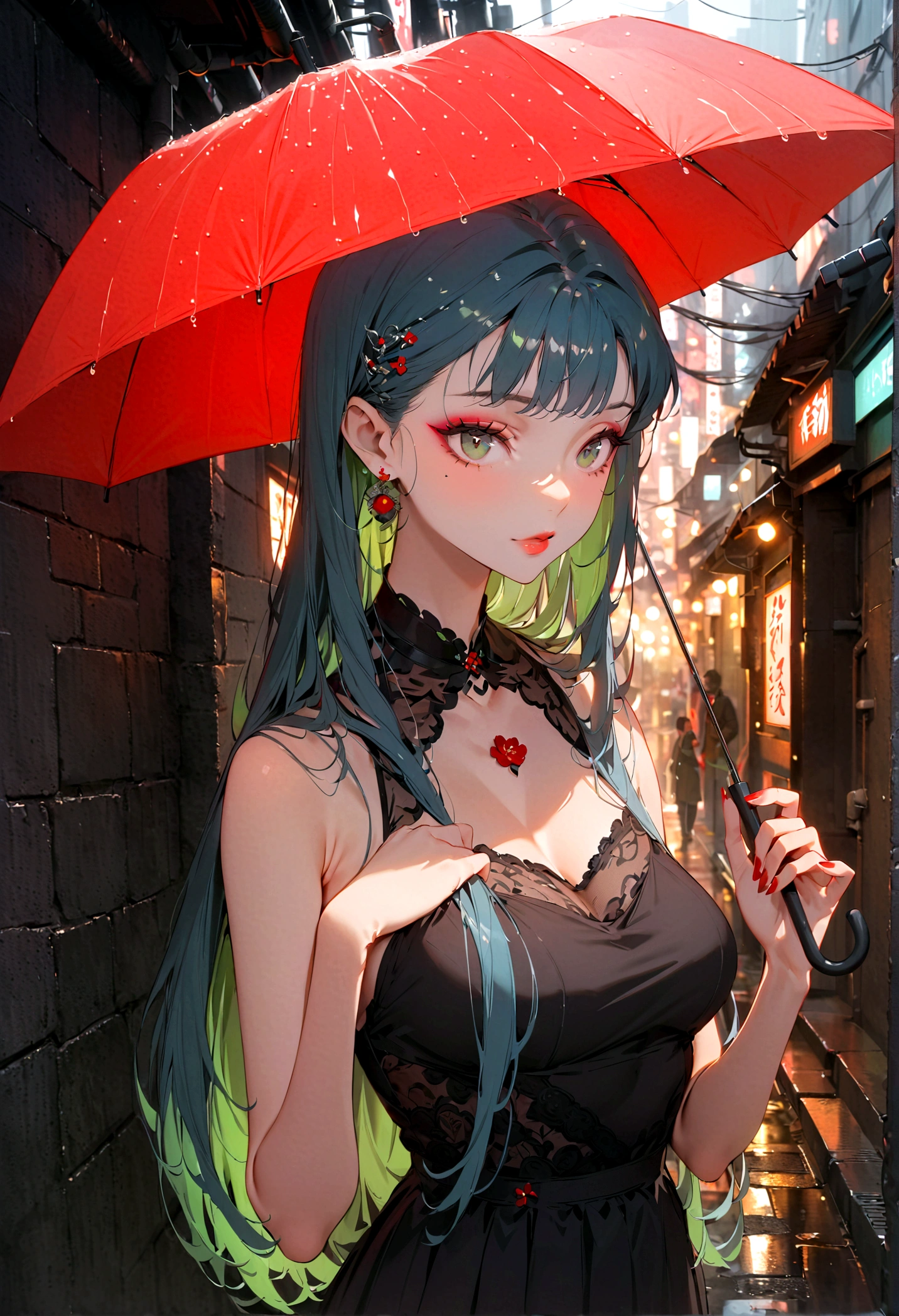 (best quality, masterpiece: 1.3), 1 Girl, Rainy Day, FOG, alley, Umbrella, Large and transparent umbrella, Looking at the audience, Blue Hair, Face Photo, Cyberpunk City, alone in the alley, neon in the alley, Very reflective city, Long hair, sized strands going over the alley, bar, Japan, Tokyo, Garter, Perfect hands, Beautifully, night,Proportional human body.close_up,Exquisite makeup