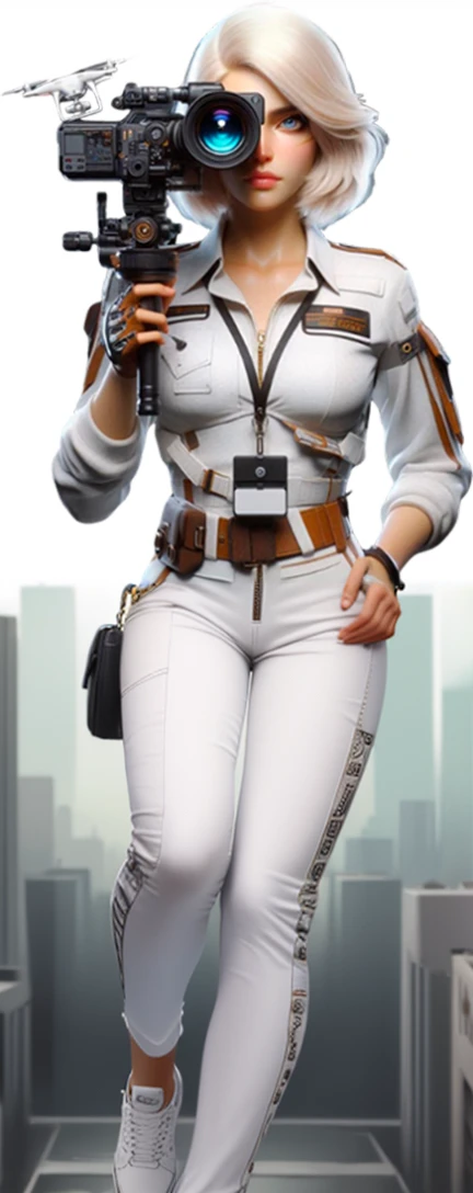 white space journalist jumpsuit, white pants leg and shoes