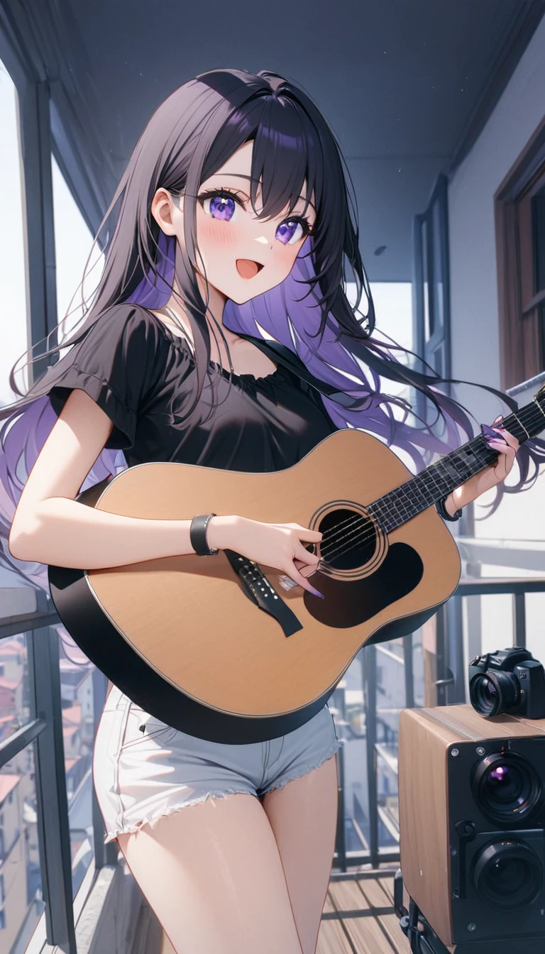 21 years old girl, very cute, with black bracelet in her hand,black black top short, white short jean, curve body, holding a an acoustic guitar, singing, camera lens 1.4,dorm balcony, looking at camera,happy, long hair, purple nails, high detailed fingers,