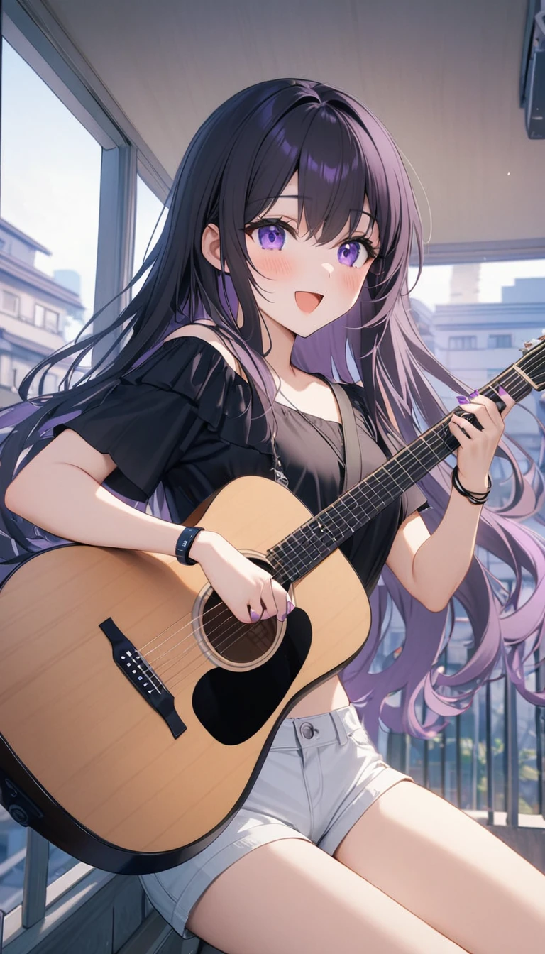 21 years old girl, very cute, with black bracelet in her hand,black black top short, white short jean, curve body, holding a an acoustic guitar, singing, camera lens 1.4,dorm balcony, looking at camera,happy, long hair, purple nails, high detailed fingers,