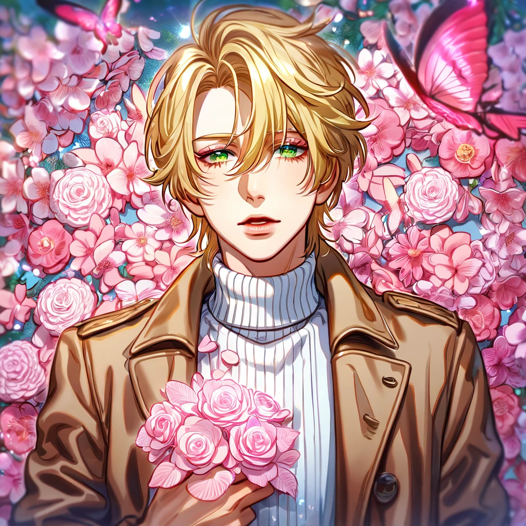 absurdres, highres, ultra detailed, HDR, master piece, best quality, Ash Lynx, blonde hair, expressive green eyes, banana fish, solo, sexy man, handsome, brown coat, white sweater, fantasy, shining, pink flowers, pink blossoms, pink butterflies, pink petals