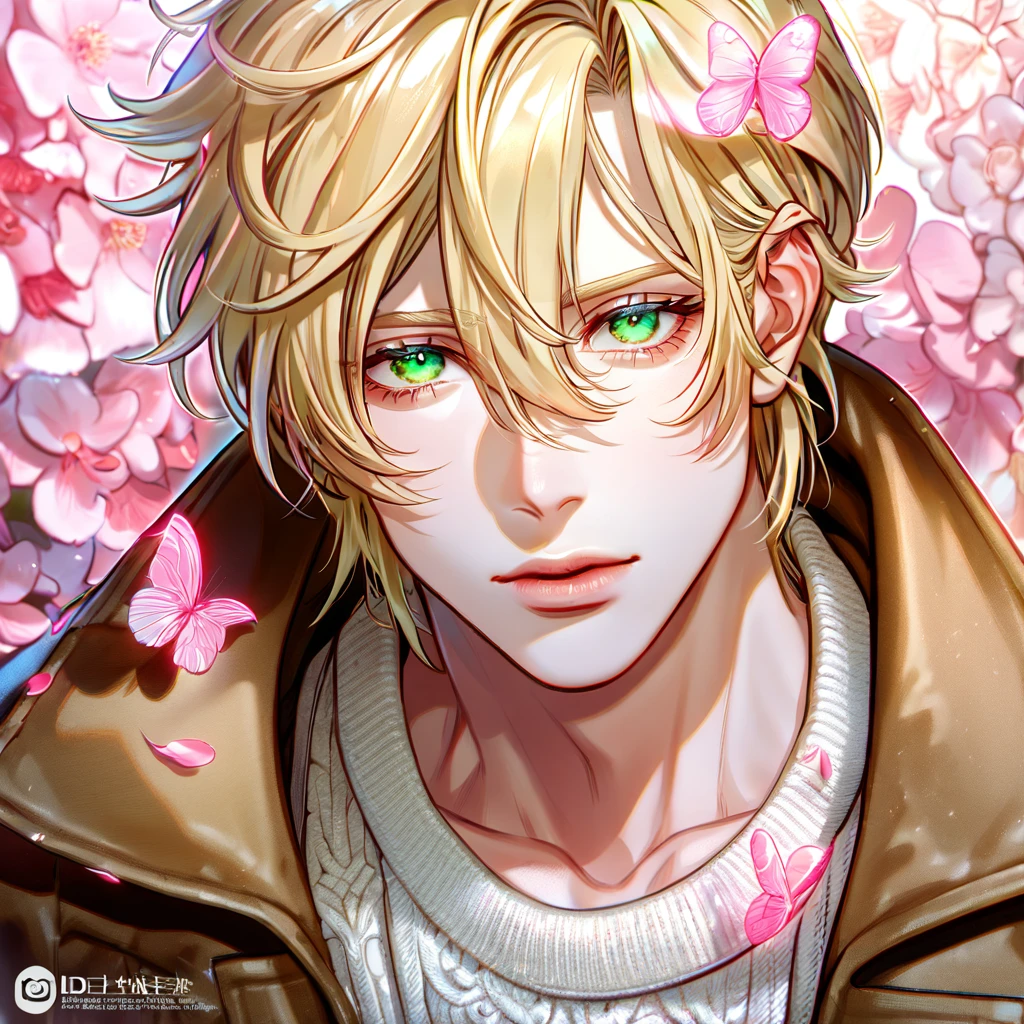 absurdres, highres, ultra detailed, HDR, master piece, best quality, Ash Lynx, blonde hair, expressive green eyes, banana fish, solo, sexy man, handsome, brown coat, white sweater, fantasy, shining, pink flowers, pink blossoms, pink butterflies, pink petals