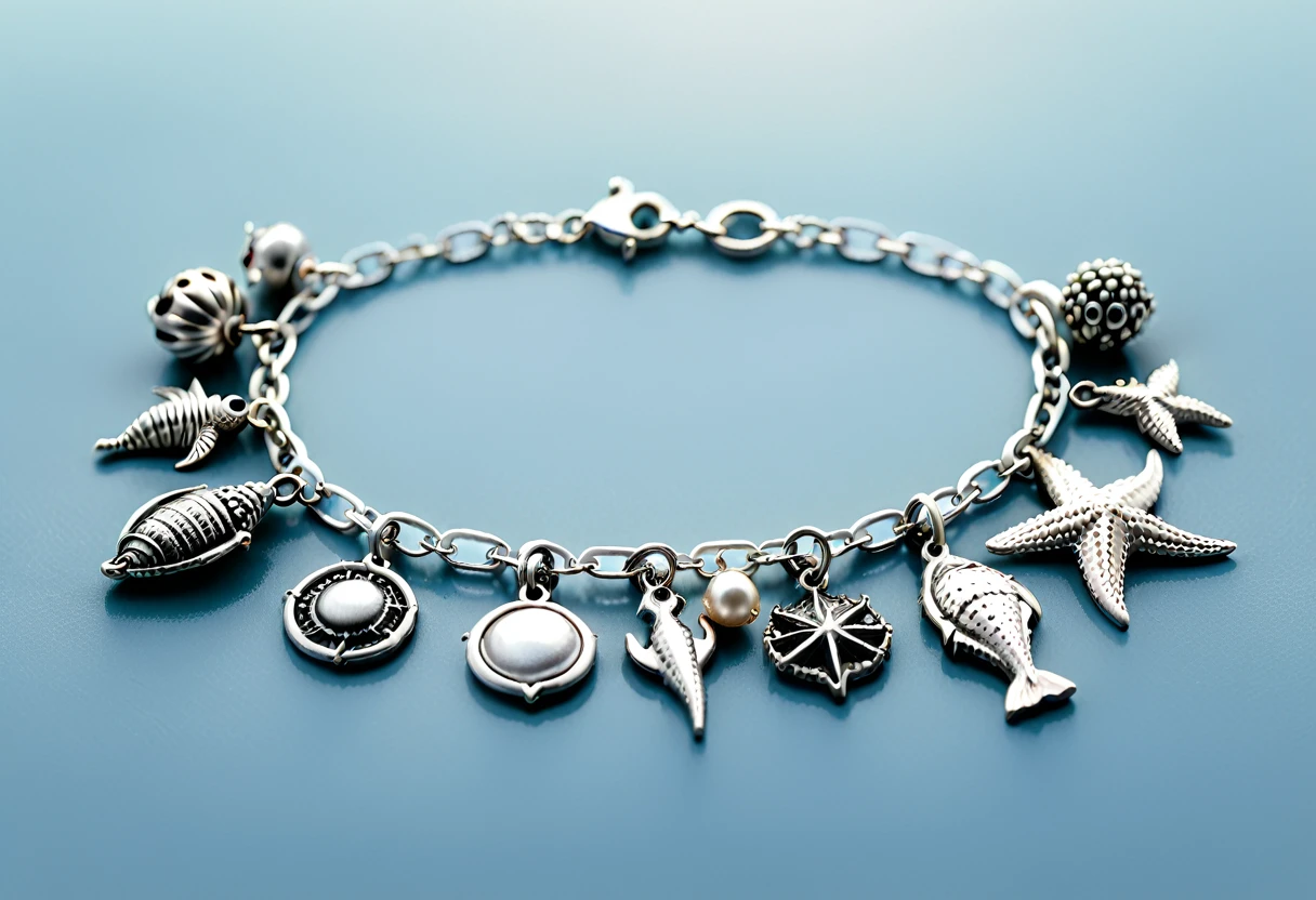 a delicate thin silver chain, a silver bracelet with various marine-themed charms, detailed sea creature charms, intricate charms, realistic detailed charms, delicate jewelry, elegant bracelet, photorealistic, highly detailed, 4k, hyperrealistic, studio lighting, masterpiece, professional jewelry photography