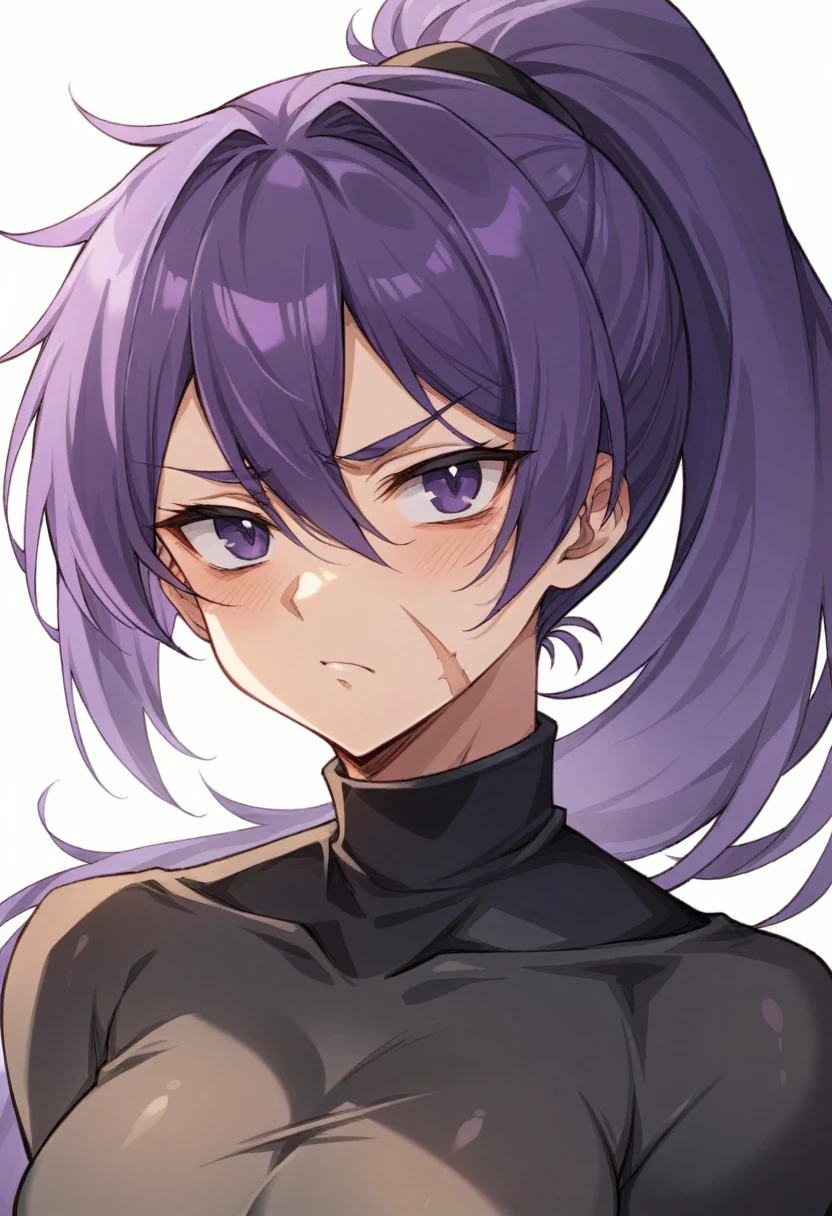 The image is an illustration of a Nude character, with a stylized look, typical of anime or manga. Here are some notable details: body hair: The character has long hair, tied in a high ponytail. Hair color is white with purple highlights. eyeballs: The eyes are purple, with a serious, penetrating gaze. Facial expression: The character displays a serious or perhaps slightly irritated expression, with visible scars on the face. Clothing: him/she is wearing a black turtleneck outfit, which appears to be simple and without many details. artistic style: The style is typical of Japanese animation, with clear lines and a striking use of contrasting colors (white and purple hair, purple in the eyes and black in the clothes). The background is gray and has no additional details., keeping the focus on the character.