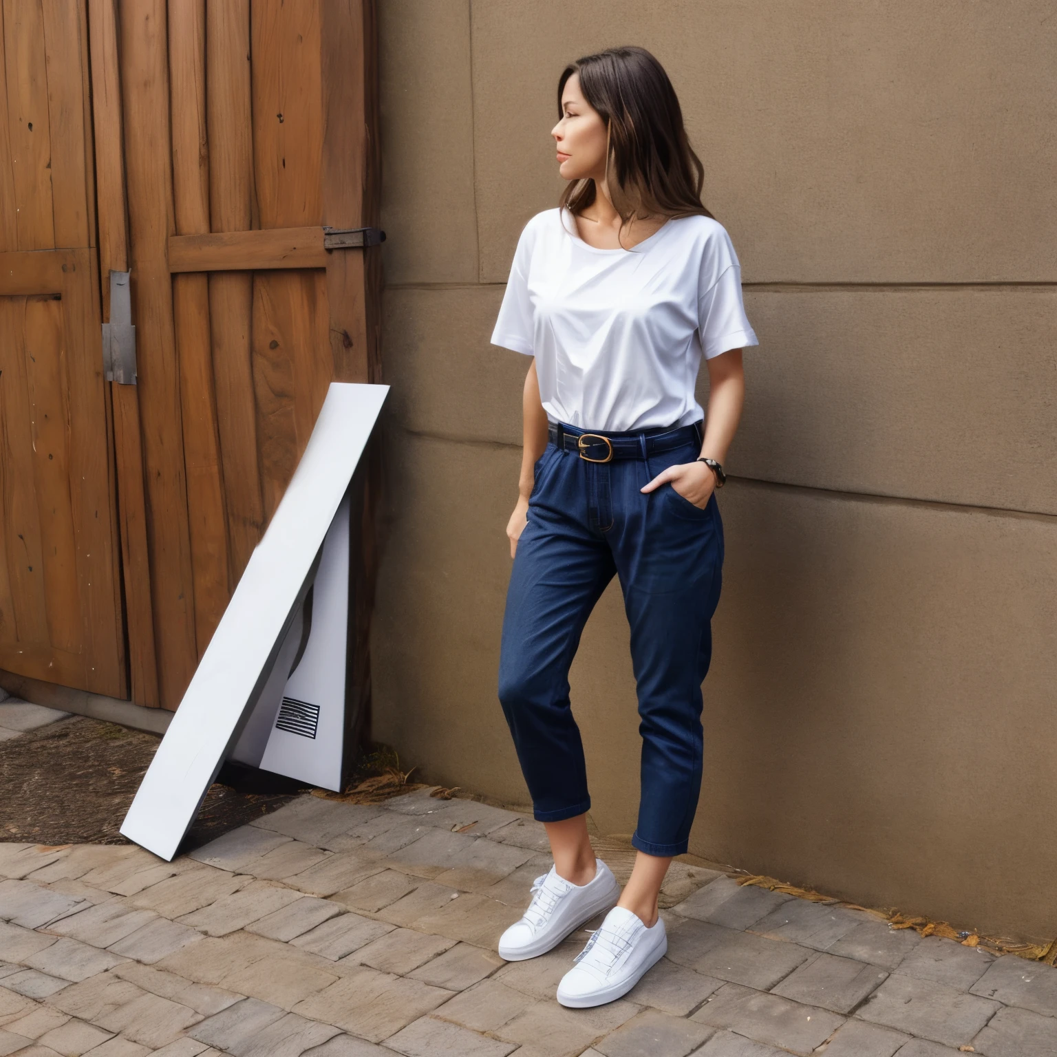 Modern Clothes in Good Condition:
Imagine a chic and fashionable ensemble that embodies modern style and elegance. A tailored blazer, made from high-quality wool in a classic navy blue, fits perfectly with sharp lapels and a smooth, polished finish. Underneath, a crisp white dress shirt, its fabric smooth and pristine, tucks neatly into a pair of slim-fit black trousers, crafted from a fine blend of cotton and elastane, allowing for both comfort and style. A pair of sleek, leather loafers in deep brown, polished to a high shine, completes the look. Accessories include a stylish leather belt with a silver buckle, a silk tie in a subtle pattern, and a minimalist wristwatch with a stainless steel band. For casual wear, think of a well-fitted, soft cotton t-shirt in a solid color, paired with dark denim jeans that have a slight stretch for comfort. The jeans have a deep indigo hue, free of any wear or fading, and the shirt maintains its shape and color even after multiple washes. A pair of clean, white sneakers with pristine laces and a contemporary design rounds out the casual outfit.