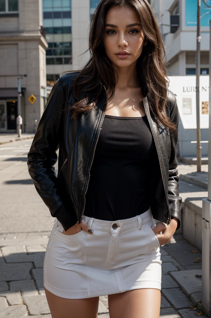 high-quality, elegant image of a woman confidently modeling in the streets, well-fitted leather jacket with detailed zippers, buttons, and seams. The jacket should look glossy and high-quality with light reflections emphasizing its texture. The model should have a modern, chic appearance with contemporary clothing and accessories, elegantly styled hair, and minimal, tasteful makeup. Use a clean studio background with professional lighting to highlight the model and the jacket, ensuring all contours and details are well-defined
