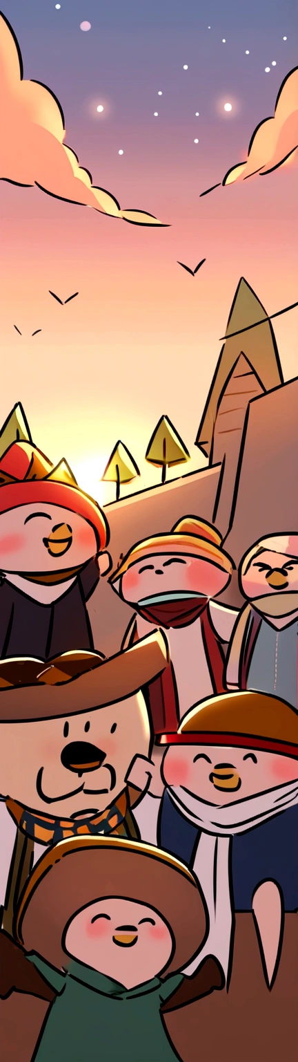 The townspeople celebrating together, inspired and happy, with a sense of community spirit.