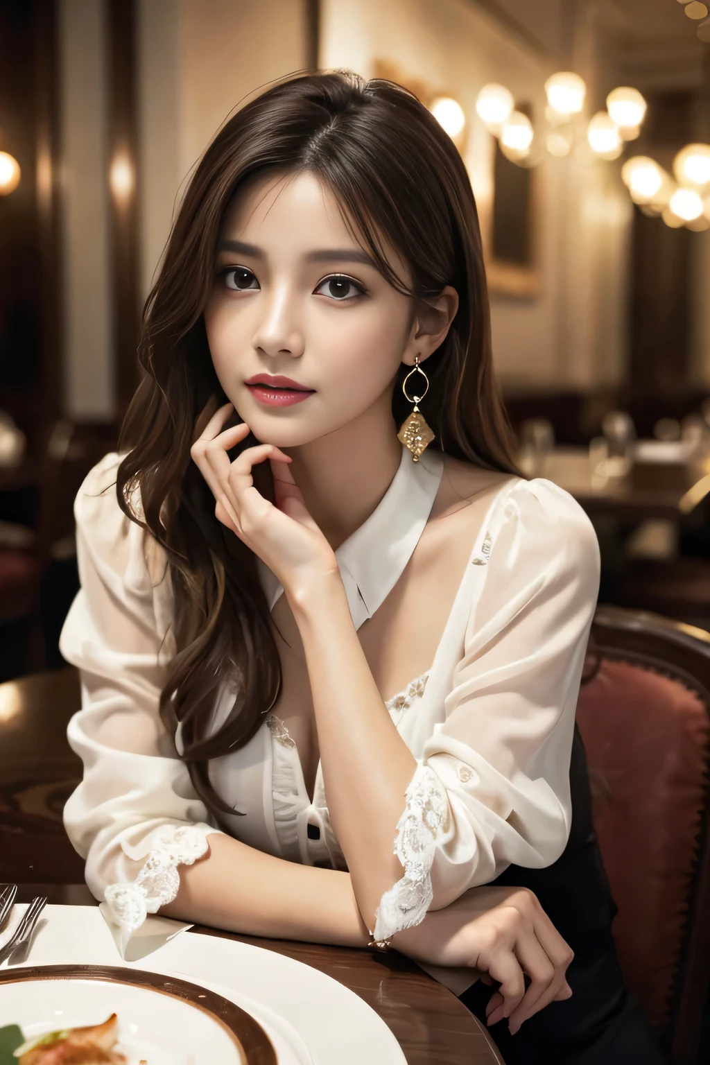 masterpiece, Highest quality, Realistic, Very detailed, Finer details, High resolution, 8k wallpaper, One beautiful woman, Wear an elegant see-through blouse, In a great restaurant, At night, Light brown messy hair, Perfect dynamic composition, Beautiful and beautiful eyes、Big earrings、Sit on a chair、