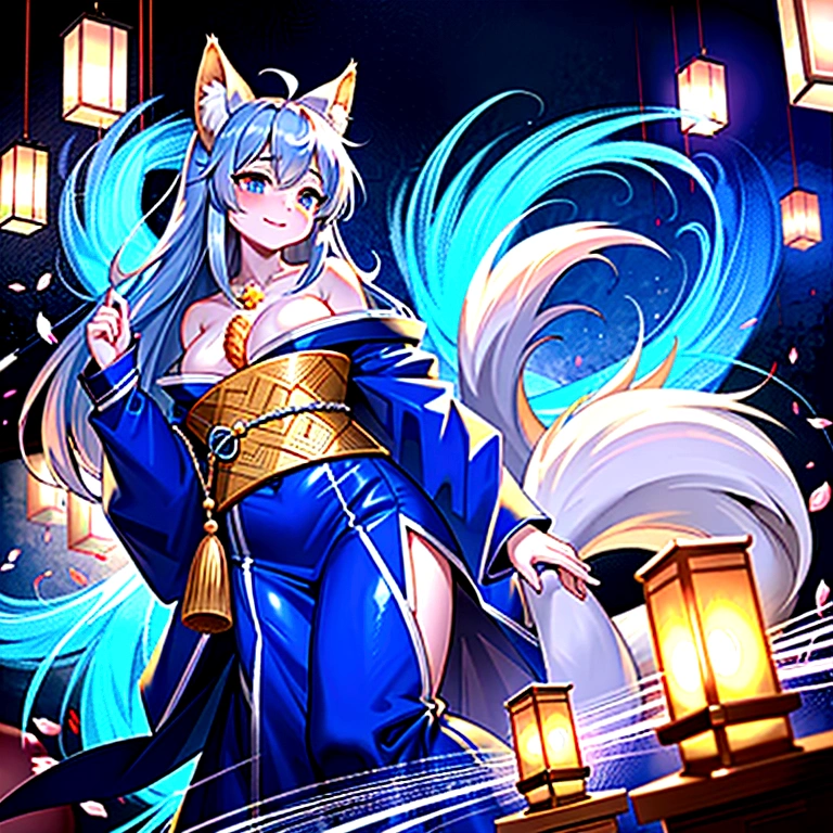 fox Light blue hair 　beast girl　indigo fur　fox beast girl　fox Light blue hair 　beast girl　indigo fur　fox beast girl　Wallpaper 4k,8k,highly detailled,,vivid colors,detailed kitsune with 9 tails,traditional Japanese artwork,tatami floor,beautiful cherry blossoms,floating lanterns,dark silhouette of a pagoda,subtle moonlight,dense forest,ethereal atmosphere,dappled sunlight,whimsical spirit,serene expression,elaborate kimono and obi,delicate hand-painted details,luminous eyes　Anime Style　fox　blue　White-faced golden-haired nine-tailed fox　Coat blue　　　mysterious background　Blue Flame　girl　have a ball of light Anime Style　fox　blue　White-faced golden-haired nine-tailed fox　Coat blue　　　mysterious background　Blue Flame　girl　have a ball of light