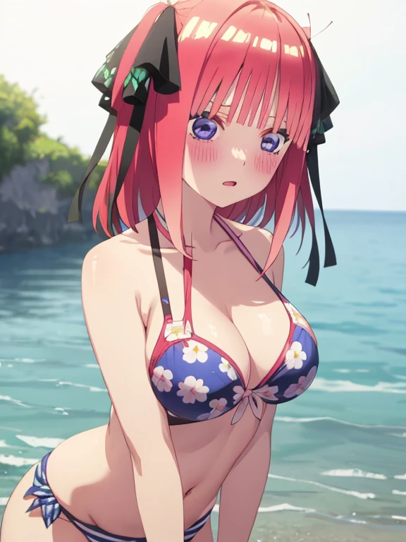 best quality, insanely detailed, nino nakano, breasts, blush, swimsuit, halterneck, striped tops, flower print,