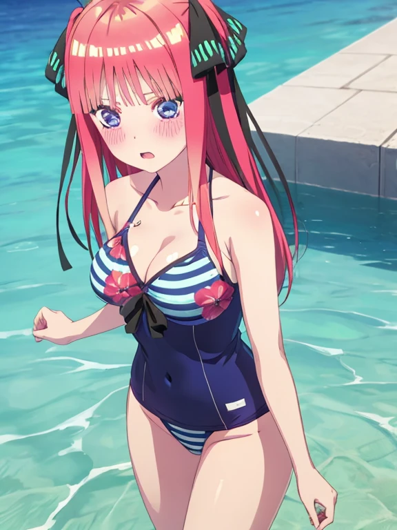 best quality, ly detailed, nino nakano, breasth, swimsuit, halterneck, striped tops, flower print,