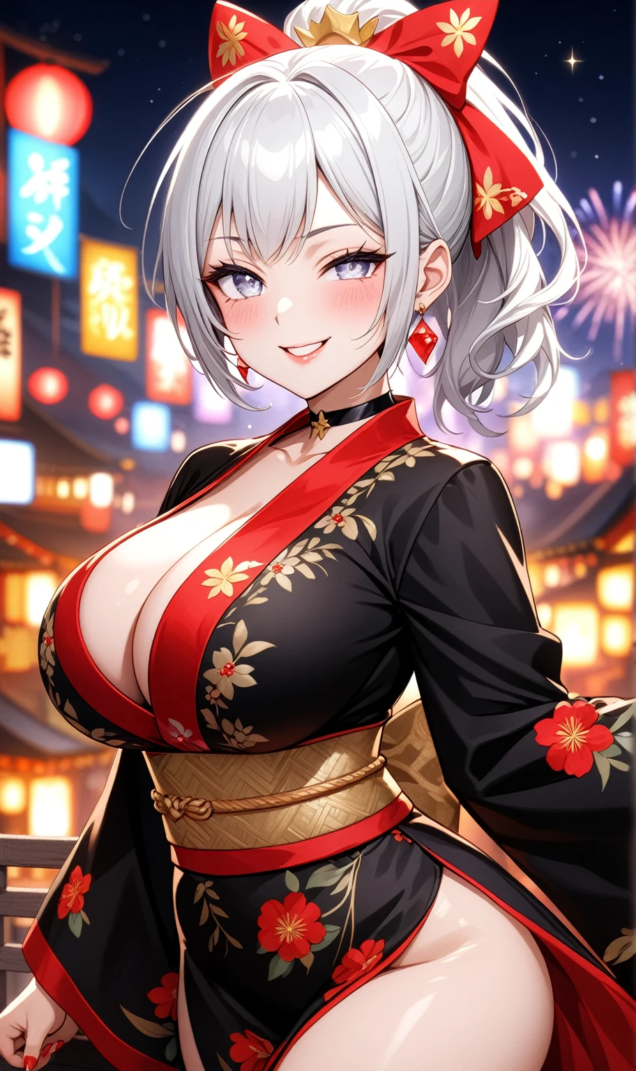 (One personの女性)), Beautiful Face, (Laughing embarrassedly), (smirk), ((Wink:2.0)), Laugh with your mouth wide open,((Bright red cheeks:1.4)),Shiny red lips, night,rooftop,Festivals, firework,Glossy red lips,Facial lighting,((Anime style background)),masterpiece, Highest quality, so beautiful,up to date, Complex details, (Pink long nails), (ring),(bracelet),(choker),AI-generated, Complex,High resolution, Highest quality, super high quality,3D Images、3D Images,One person,Long white hair in a high ponytail,(blue eyes), ((Fine grain、Silvery white colorful eyes、Shining Eyes:1.4)), (Squint your eyes:1.1), 写真のポーズをとるAnime Women, a hyperRealistic , hyperRealistic , Realistic,Anime Women, Smooth anime CG art, A woman in a colorful kimono with gold embroidery, (Black long sleeve kimono), Red floral pattern,Long flower hair ornament,Earrings,Mature Body,(Big Breasts:1.1),Tall,Abdominal muscles,Narrow waist,(Zoom in on face:1.6),