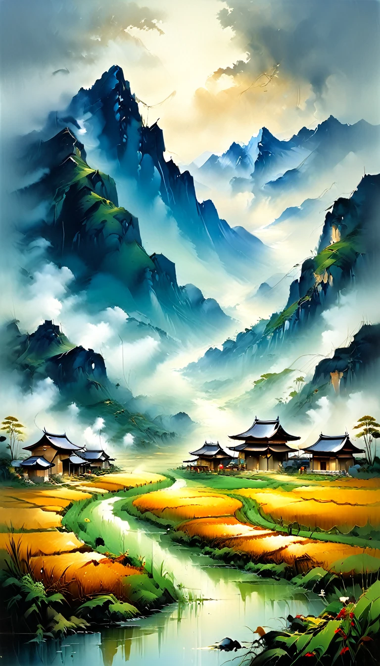 Large terraced fields, mountains, huts, with rice fields, rice fields, neat rice seedlings in the fields, fog rain, villages, agriculture, in a calm landscape, fog weather, in a huge calm landscape, early morning, in the morning fog, behind a small village, fog, Japanese countryside, straw roofs