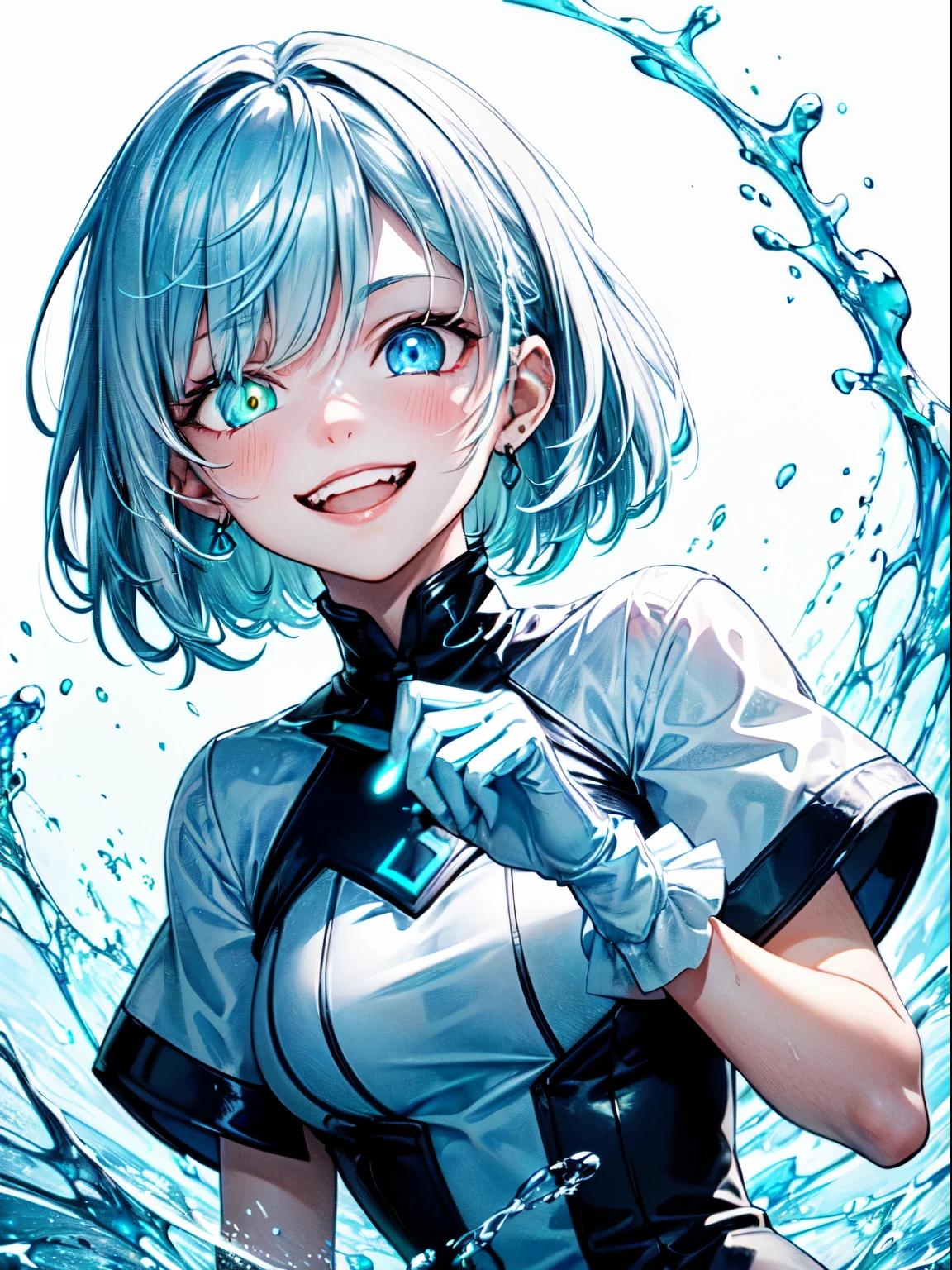 ((1 girl, , short hair, blue and white hair, heterochromatic eyes, glowing eyes, evil face, crazy smile)), (blue and white clothes, white gloves), (black background, water particles, cyan theme, darkened image), facing the camera