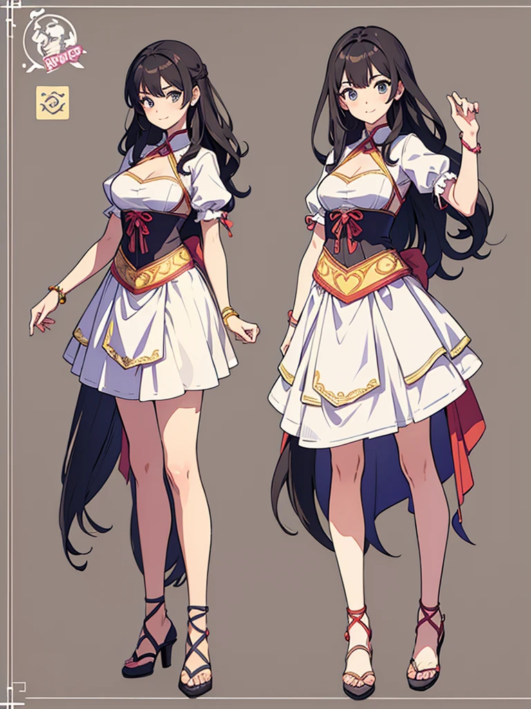 cute, standing lady, three view drawing, front and back and side,full body,simple background,dancer,long hair