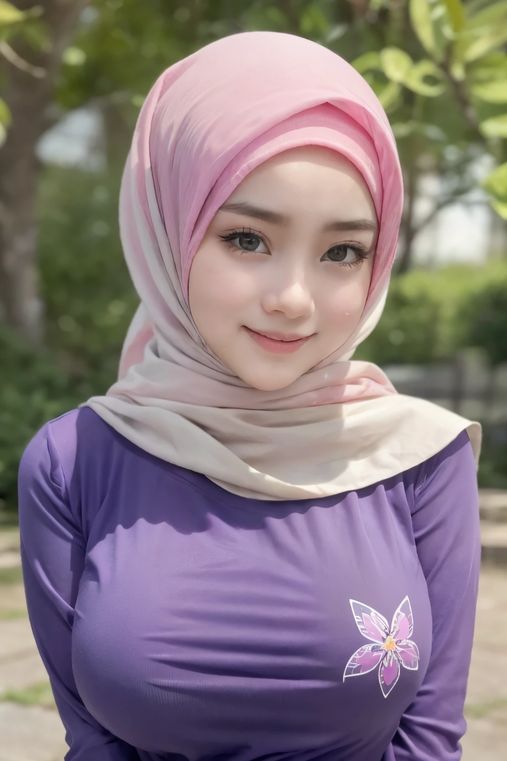 adorable, 1 girl, (face to face), 10 years old, baby face, happy, half body portrait, (face details: 1), (eye details: 1), ((big breasts)). wearing transparent soft purple long shirt, hijab, .. Cute posed. proportional body. Ultra High Res. realistic: 1.4, UHD, (floral pattern)