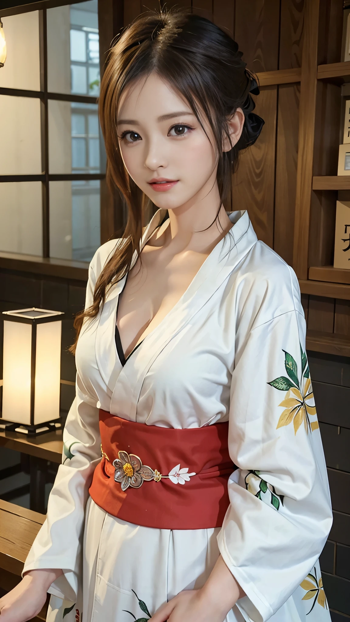 (Tabletop, Highest quality:1.4), Beautiful Face, 8K, 85mm, Absurd, (white kimono、kimono、Shrine maiden:1.4), Show your whole body, Side angle、Show your shoulders,Cleavage of the breast、To the camera、 Viola Lace, Gardenia, Delicate girl, alone, night, Looking at the audience, Film Grain, chromatic aberration, Sharp focus, Face Light, Professional Lighting, Sophisticated, (smile:0.4), Cleavage, (Simple Background, Background blur:1.2), Detailed aspect、Huge breasts, ((Detailed eyes and face, Professional photography techniques, Cinema Lighting)), (Highest quality、8K,masterpiece:1.2, RAW Photos)