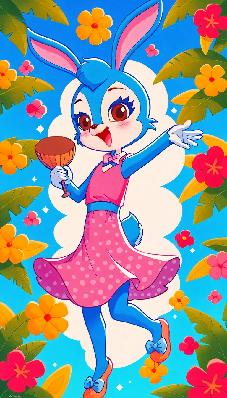 (masterpiece), ((best quality), ((high resolution)), (Extremely detailed CG unity 8k wallpaper), Solitary, Animal ears,open mouth,Rabbit ears,Smile,hairy,Happy,Brown eyes,blush,Perfect hands,Perfect feet,Animal nose,Bunny Girl,Blue fur,,Blue Hair,Tail,Beach,seaside,Pink dress,coconut tree,Seagull,Look at the camera,Smile,happy,