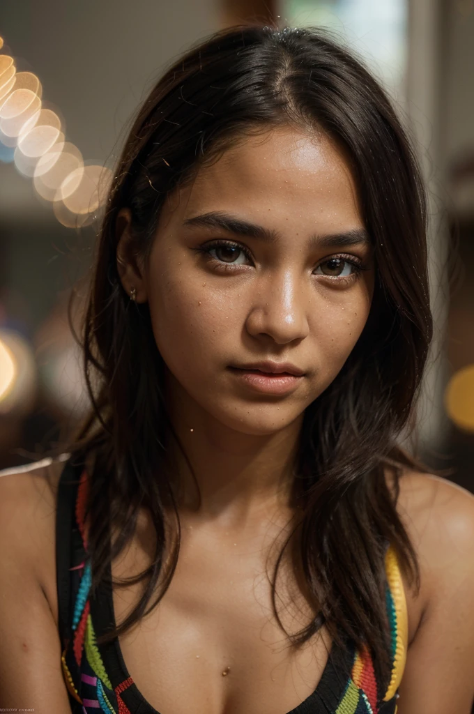 (selfie, top view: 1.4), (straight half of the body: 1.4), RAW UHD portrait photo of a 24-year-old bengali (blue-eyed woman) walking down a dark alley, city at night, (skirt), (neckline), details (textures! , hair! , glitter, color!!:1.1), glossy eyes with high detail (looking at the camera), SLR lighting, SLR camera, ultra-quality, sharpness, depth of field, film grain (center), Fujifilm XT3, crystal clear, frame center, beautiful face, sharp focus, street lamp, neon lighting, bokeh (dimly lit), night, (night sky), detailed, oily skin, complex eye details, full body, perfect breasts, perfect body, perfect hands,