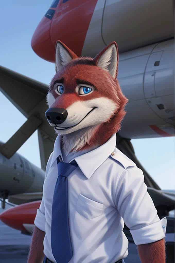 Ivan Fedorovich Wolfbach (Novosibirsk) ,высокий Beautiful, wolf,young, 24 years, brown fur,Kind,(red body:1.3),beautiful blue eyes,Novosibirsk,dressed,civil aviation pilot uniform,White shirt,epaulets командира, черный tie, trousers,airline pilot, commander&#39;s cap, trousers,canine, wolf, detailed fur, male, second, paw pads, finger claws,At the viewer, 5 fingers, paws, 5 fingers, smile, wrist watch, т nextel,by xenoforge, (difficult, high detail, digital photography, soft focus, RAW,goes for a walk, ,Very close to the camera,airport,Novosibirsk, smile, good mood, positive, Very close to the camera,without hair, epaulets captain, shoulder straps yellow stripe 4, 
Photorealism, realistic, photorealistic, digital style, Subsurface scattering,I look at the viewer,стоит White shirt, epaulets, captain, trousers, tie, next to a ussr plane Il-76md plane,smile, teeth, Beautiful, 
masterpiece, Best quality, ultra realistic, 8 thousand.)