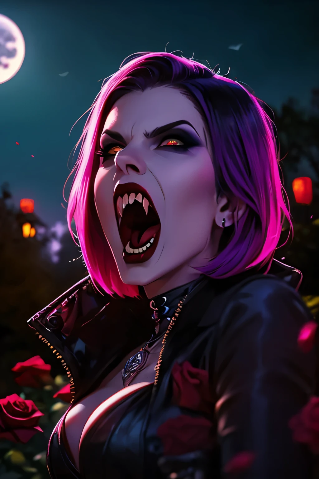 Generate a hyper-realistic image that employs the shallow depth of field technique, Head and sholders portrait to highlight a pretty goth (((vampire))) girl, ((open mouth with vampire canine teeth)) , perfect teeth, wearing a gothic dress, ((cut hair with fringe)), tattooed, ((heavy makeup)) , at ((night in a creepy cemitery)) setting, (((under the moonlight))). The girl should be the focal point, with crisp clarity, while the background of the forest should be gently blurred to create a bokeh effect. (((black roses In the foreground))) should be visible but blurred, adding depth to the composition.", adding depth to the composition. Sony Alpha A7R III, macros lens , f/5.6. ((Cinematic purple and pink Lighting)) .