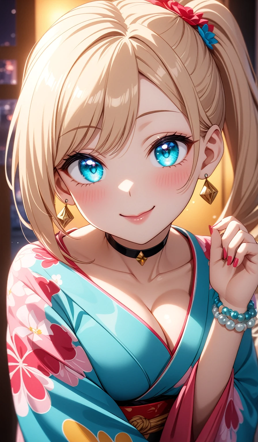 ((One personの女性)), Beautiful Face, (Laughing embarrassedly), (laugh),((Wink:2.0)),((waving at viewer:1.3)),  (head tilt:1.3), Laugh with your mouth wide open,((Bright red cheeks:1.4)),Shiny red lips,night,横浜みなとみらいのnight景, firework,Laughing with your mouth open,Glossy pink lips,Facial lighting, ((Anime style background)),masterpiece, Highest quality, so beautiful,up to date, Complex details, (Pink long nails),(ring),(bracelet),(choker),AI-generated, Complex,High resolution, Highest quality, super high quality,3D Images、3D Images,One person,Long blonde hair,High Side Ponytail,(turquoise blue eyes),Anime woman posing for a photo, ((Fine grain、Colorful eyes、Shining Eyes:1.4)), (Squint your eyes:1.1),a hyperRealistic , hyperRealistic , Realistic,Anime woman with long white hair, Smooth anime CG art, A woman in a colorful kimono with gold embroidery, (Pink long sleeve kimono),Red floral pattern,Long flower hair ornament,Earrings,Mature Body,(???????????:1.1),Tall,Abdominal muscles,Tight waist,(Zoom up to face:1.6), (front view),