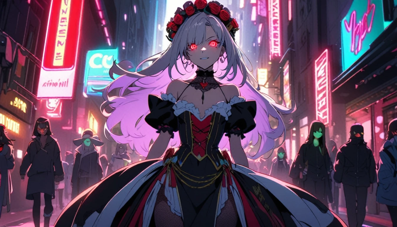 A girl dressed as a courtesan, ager, one person, cyberpunk, red eyes, glowing eyes, neon street, courtesan procession