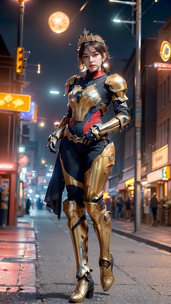 (A woman adorned in fantasy-style full-body armor, a crown-concept fully enclosed helmet that unveils only her eyes, a composite layered chest plate, fully encompassing shoulder and hand guards, a lightweight waist armor, form-fitting shin guards, the overall design is heavy-duty yet flexible, ((the armor gleams with a golden glow, complemented by red and blue accents)), exhibiting a noble aura, she floats above the Futuristic city, this character embodies a finely crafted fantasy-surreal style armored hero in anime style, exquisite and mature manga art style, (Queen bee mixed with Spider concept Armor, photorealistic:1.4, real texture material:1.2, professional photo, cinematic), ((city night view, element, energy, elegant, goddess, femminine:1.5)), metallic, high definition, best quality, highres, ultra-detailed, ultra-fine painting, extremely delicate, anatomically correct, symmetrical face, extremely detailed eyes and face, high quality eyes, creativity, RAW photo, UHD, 32k, Natural light, cinematic lighting, masterpiece-anatomy-perfect, masterpiece:1.5)