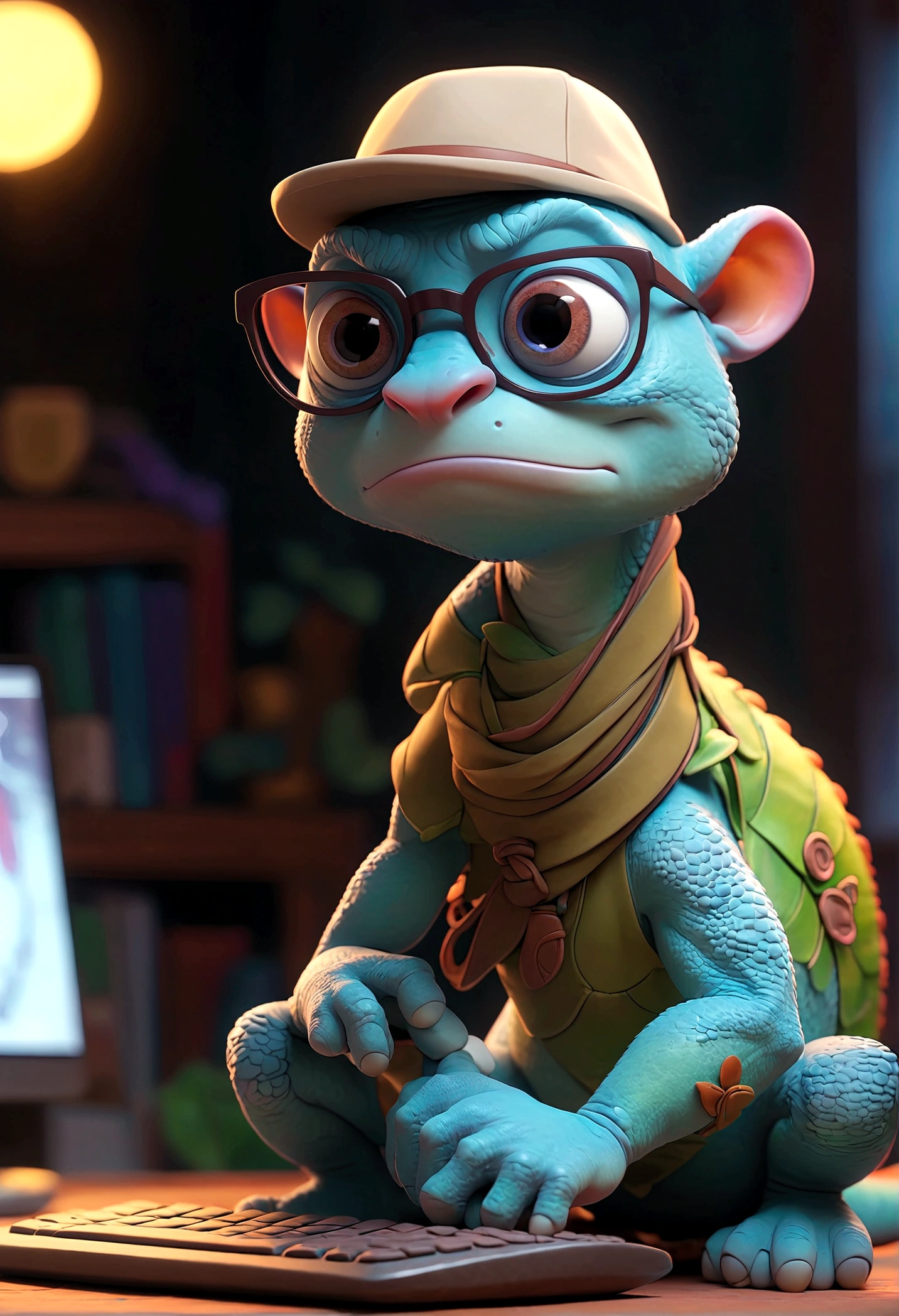 a 3D animated style chameleon character, blue colored eyes, wearing stylish glasses, sitting on a technological desktop in a creative studio, detailed facial features, detailed clothing, highy detailed, 8K, studio lighting, swirly vibrant colors, film composition