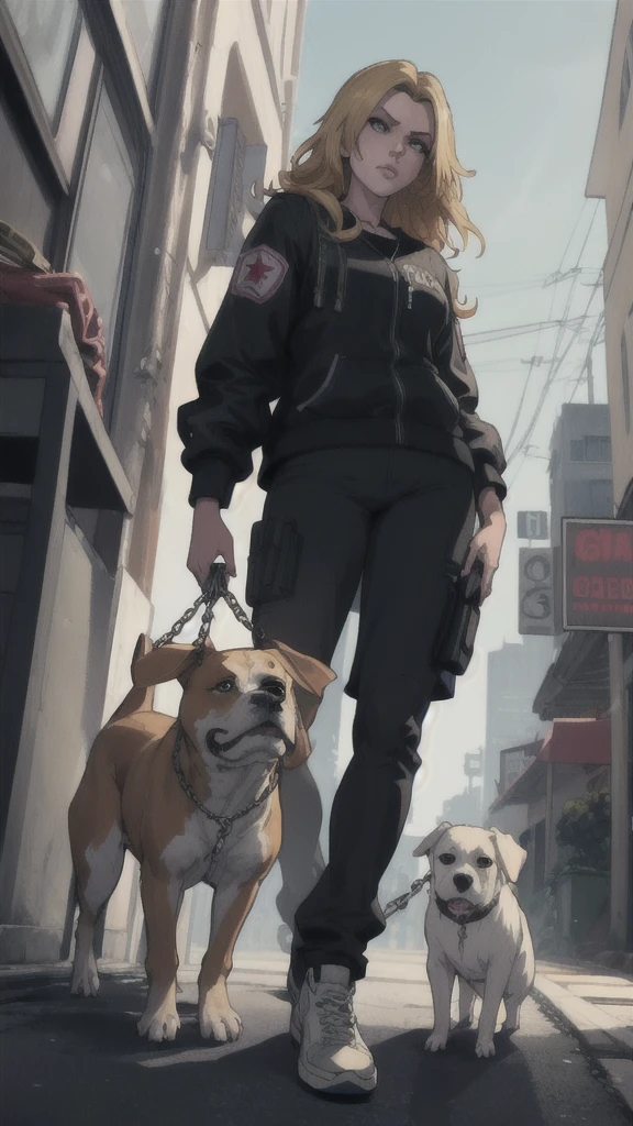 GTAV Loading Screen 2D Graphics, wide angle, whole body, blonde girl standing , holding a chiwawa and a pitbull on a chain with a leash, GTA5 character, cinematographic composition, in front of a city, shadow, bright cinematic lighting, soft contrast, GTA5 loading screen, gta art, 4K Wallpaper, 4K Wallpaper, high quality 4k wallpaper, gta loading screen graphics, arte the fan, art of rockstar games