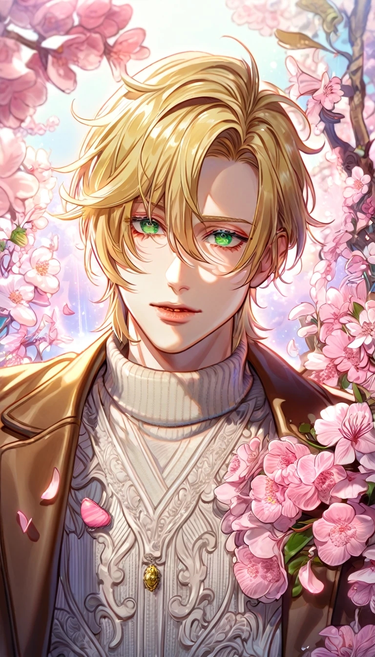 absurdres, highres, ultra detailed, HDR, master piece, best quality, Ash Lynx, blonde hair, expressive green eyes, banana fish, solo, sexy man, handsome, brown coat, white sweater, fantasy, shining, pink flowers, pink blossoms, pink butterflies, pink petals