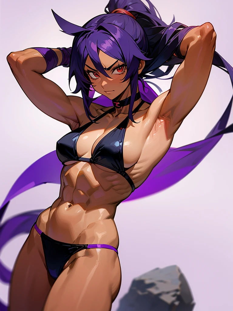 18 year old Yoruichi Shihōin from Bleach with tanned skin in a purple thong bikini flexing her muscles with her hands behind her head so they are not visible to pridefully show off her rock hard abs, highly detailed