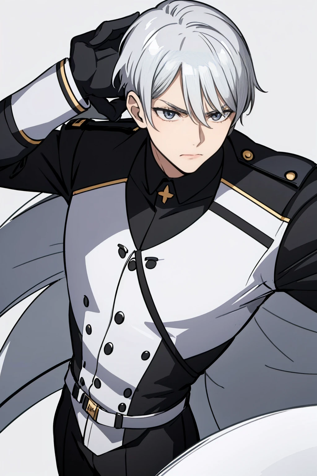 whole body,Standing posture, (Silver Hair,Shortcuts,) (male,youth,Fierce face,),(German military uniform,Symphogia style,) Expressionless,(White background)