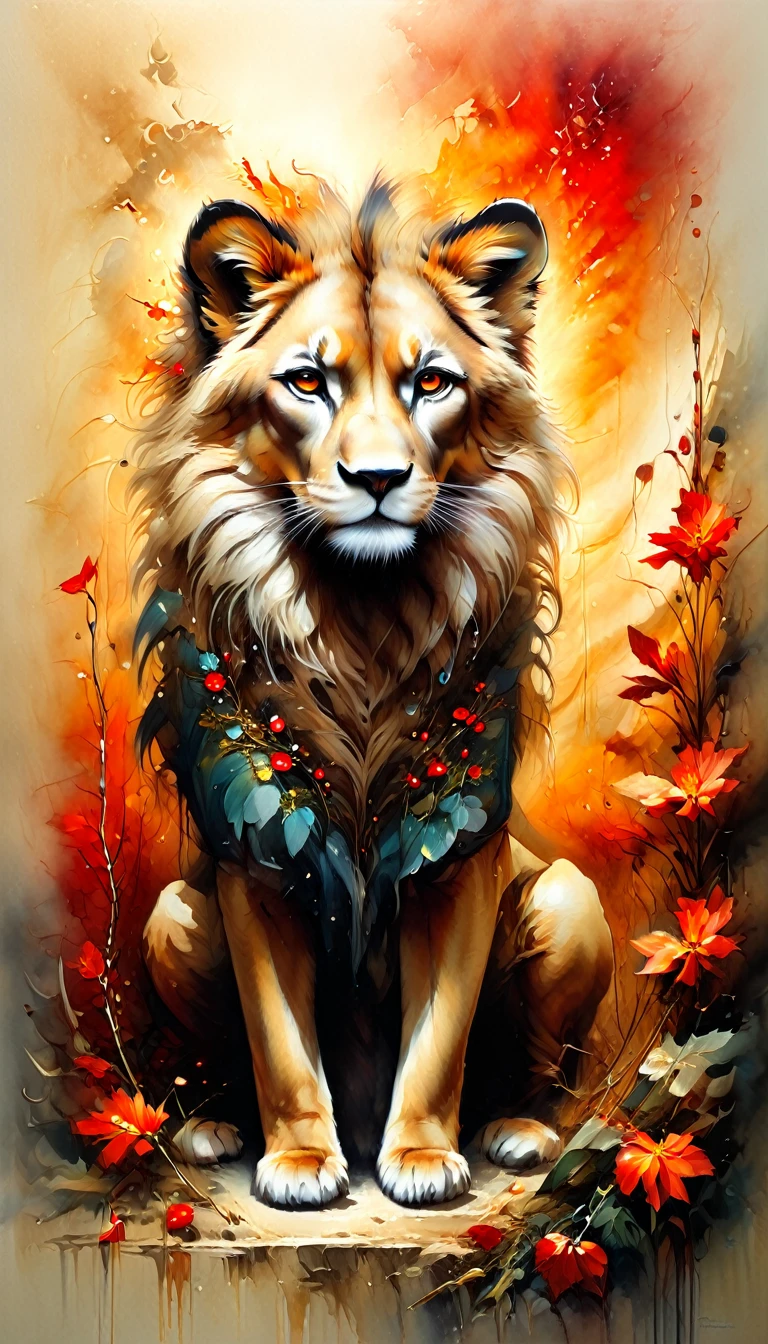 Watercolor+,photorealism, cgi, pixel art, high complex detail, lots of detail, sequins, shimmer, sensuality, elegant, aesthetics, contours, realistic, high quality, work of art, hyper detail, professional, filigree, haze, super detail, 30mm lens, calm open red tones, full size, beautiful majestic alpha female lioness woman, transparent, atmospheric, big eyes, botanical art