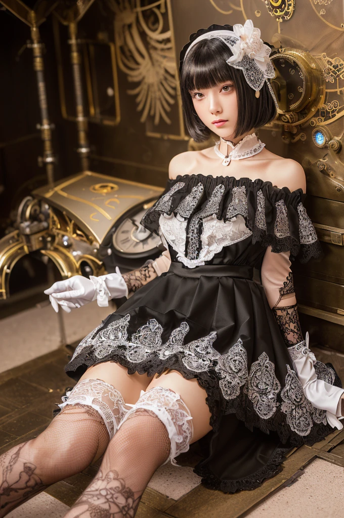 (((Tabletop, Highest quality))), 1 female, (((Very thin body))) , (((length, Thin legs))), (((short black bob, Thick and fluffy bangs ))), (((Highly detailed face))), cosmetically, Small, thin nose, small thin mouth, (((Very sharp focused eyes))), Large slit-shaped, precise pale grey eyes, Shining like a jewel, length eyelashes, ((Highly decorative and complex mechanical steampunk fashion, Lace flare skirt, Above-the-knee lace stockings, Lace Off Shoulder ta Fashion, Overly decorative fashion)), Abandoned Night, Exquisitely mechanized steampunk factory catches fire and explodes, (((Overall accuracy has been significantly improved, Create highly detailed and realistic images))), Ultra-realistic photos.
